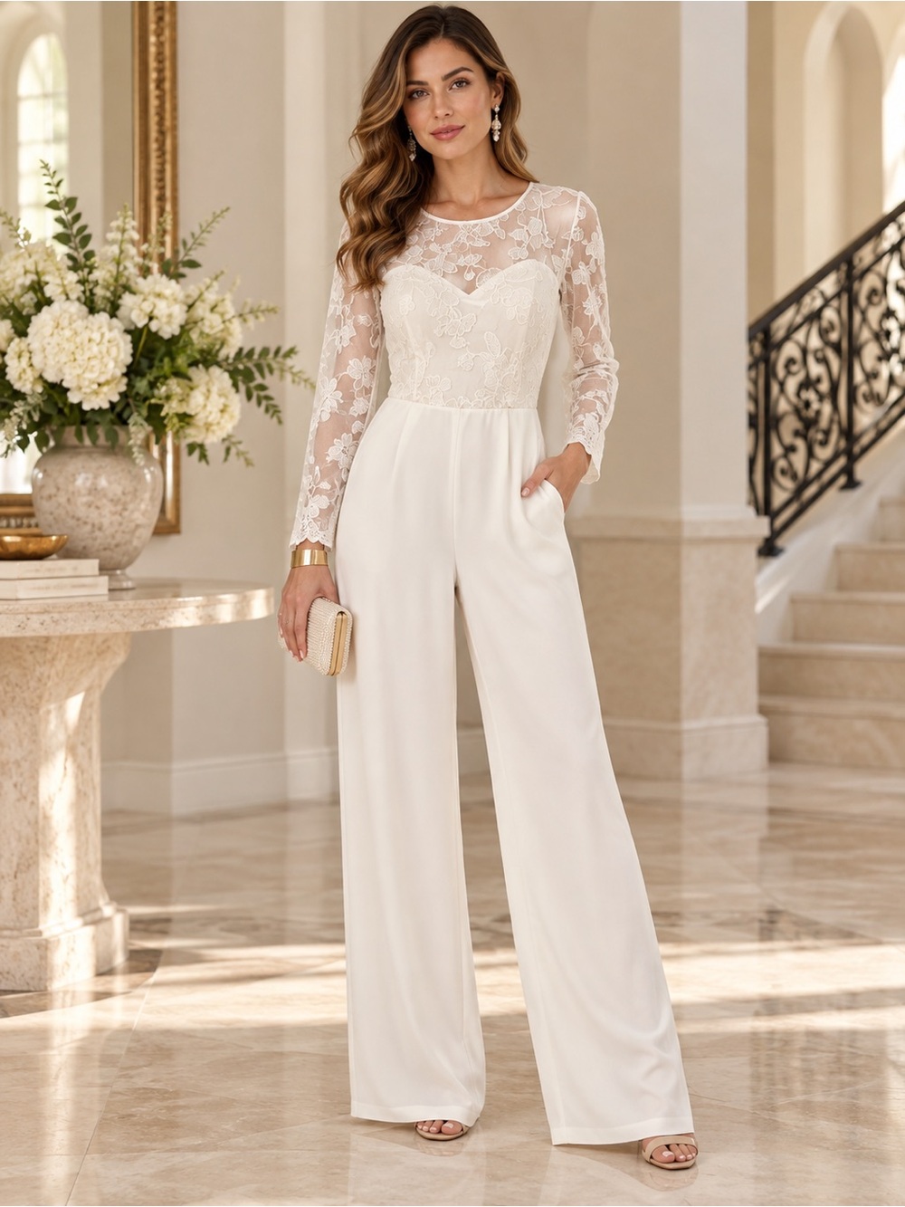 NWT Lulus White Floral Lace Long-Sleeve Wide-Leg Jumpsuit Size L